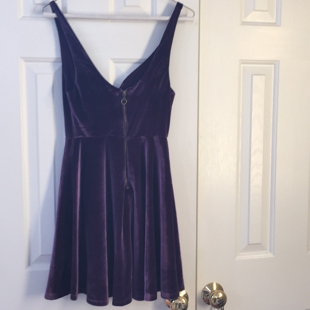 Purple velvet party dress with gold zipper